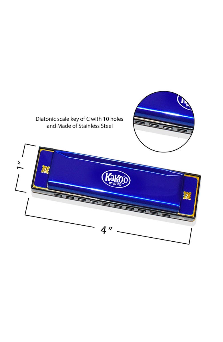 KaKo'o Music Classic Metal Harmonica Blue 4 Inch Harmonica With Storage Case, Alternate, color, Multicolored