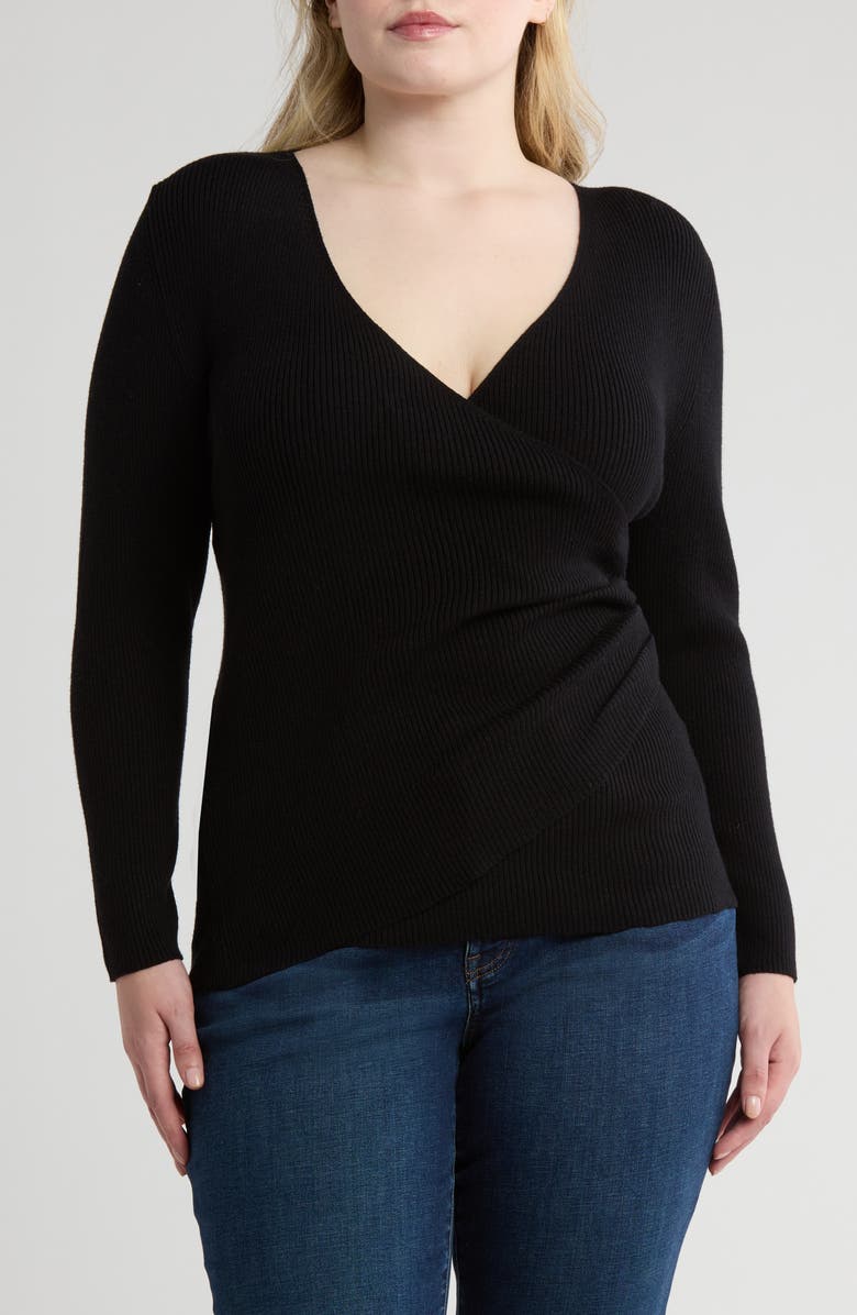 MAX STUDIO Faux Wrap Knit Sweater, Main, color, Black-Blk