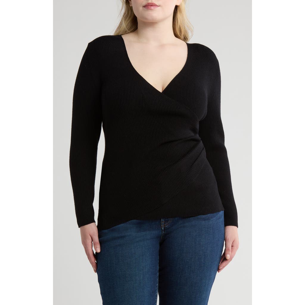 Max Studio Faux Wrap Knit Sweater In Black