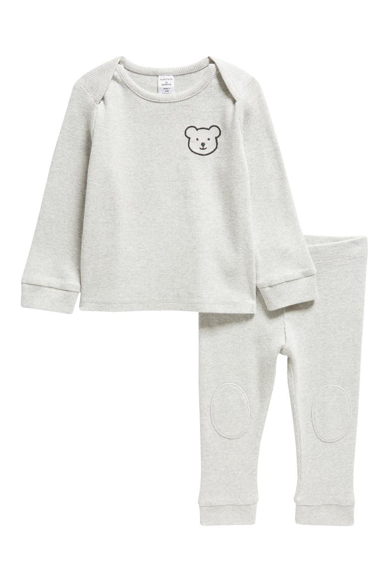 Kids' Rib Stretch Cotton Top & Pants, Main, color, GREY LIGHT HEATHER BABY BEAR