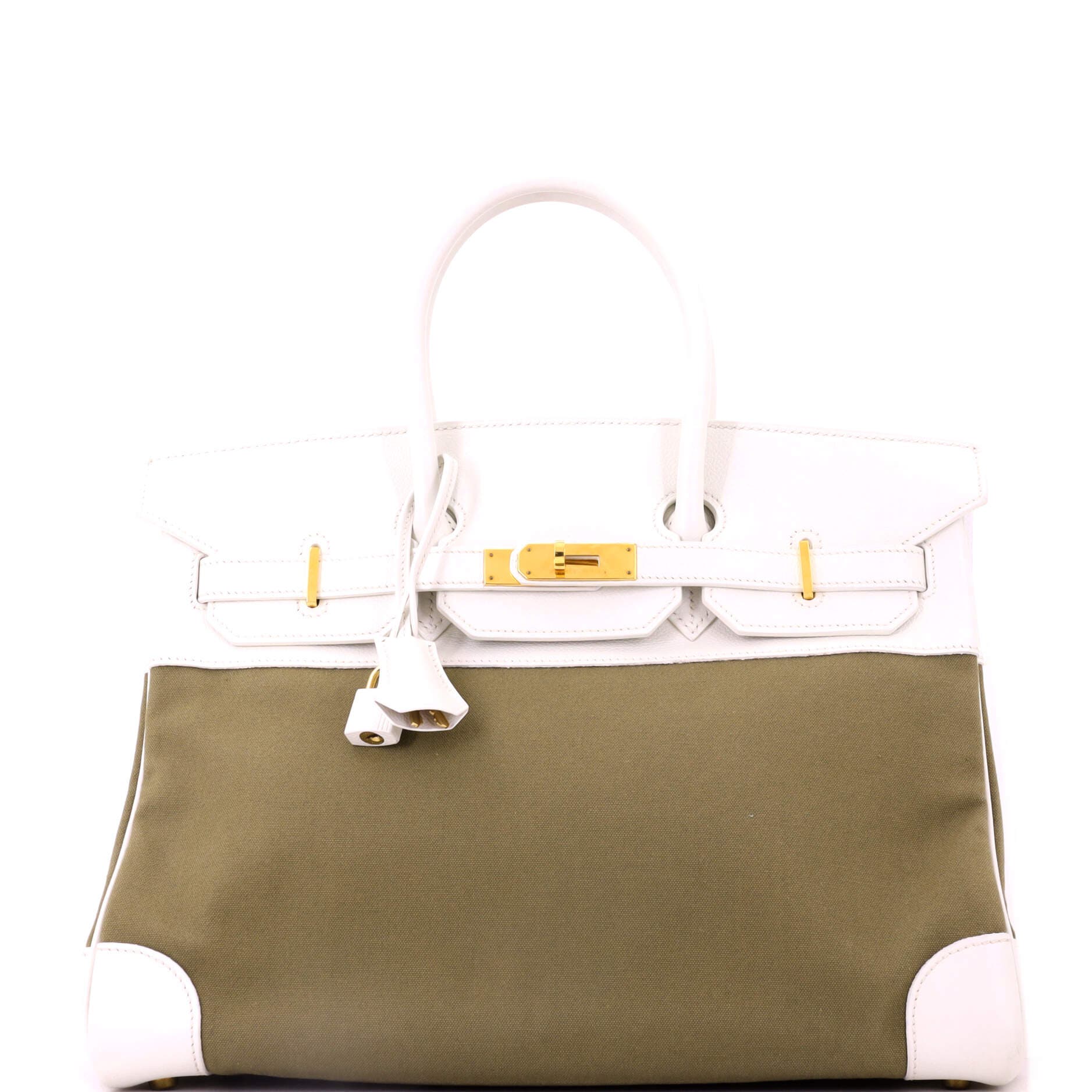 Birkin Handbag Toile and White Courchevel with Gold Hardware 35, Main, color, White