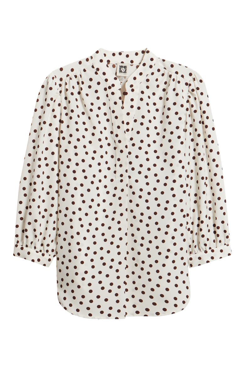 Polka Dot Split Neck Crêpe de Chine Top, Alternate, color, WHITE DOVE/ CHOCOLATE