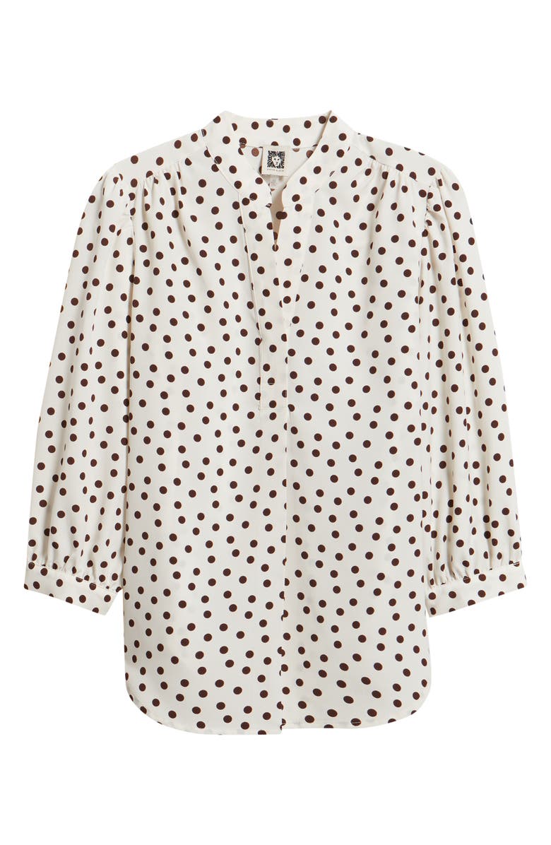Anne Klein Polka Dot Split Neck Crêpe de Chine Top, Alternate, color, White Dove/ Chocolate