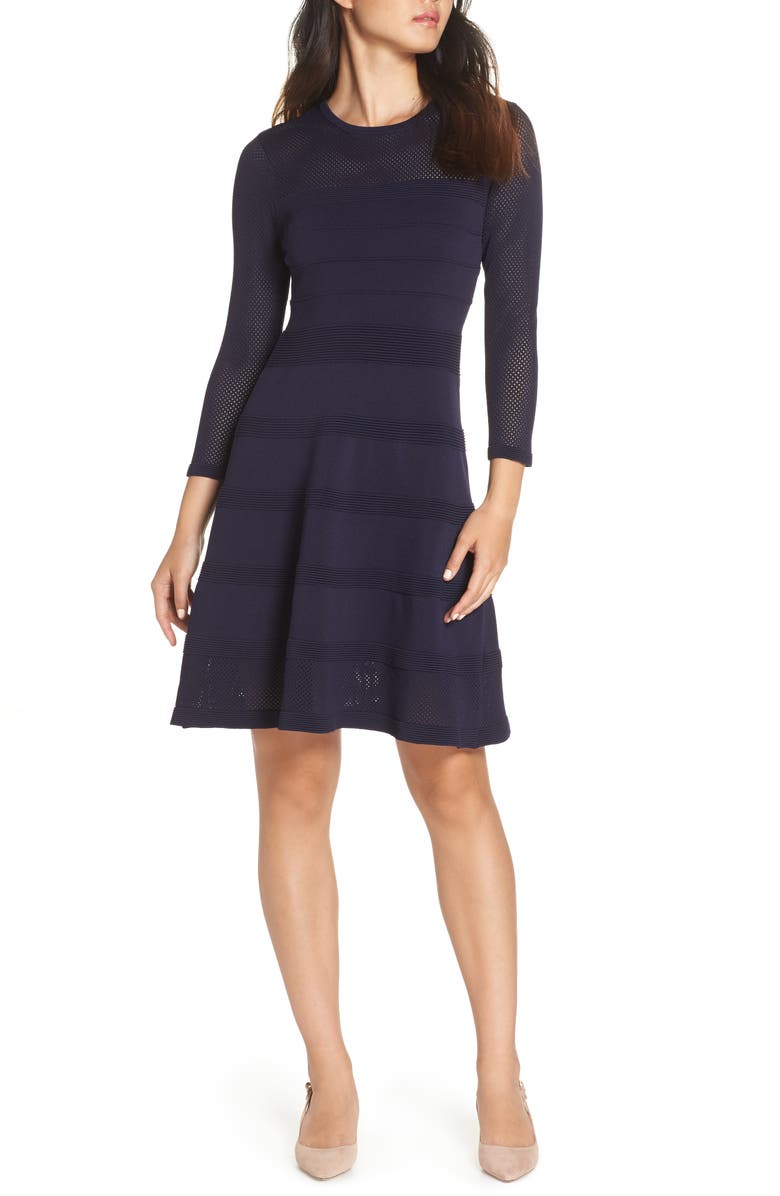 Vince Camuto Mix Stitch Pointelle Fit & Flare Dress, Main, color, 