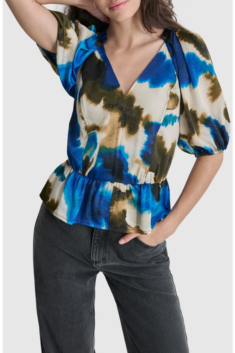 Abstract Print Peplum Top, Alternate, color, INK SWIRL