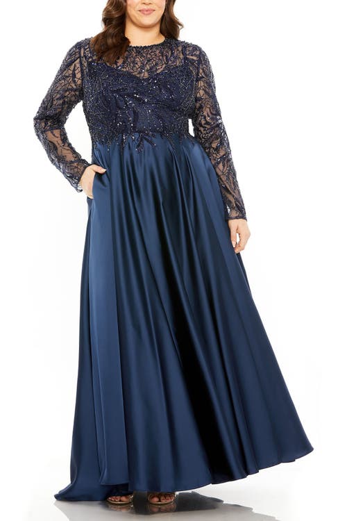Mac Duggal Sheer Long Sleeve Beaded Top Satin Gown In Midnight