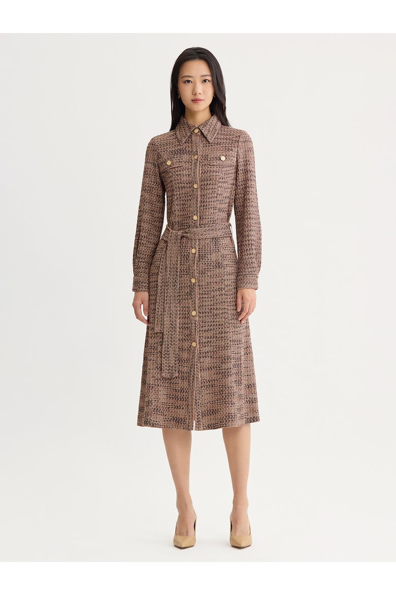 Belted Button Front Tweed Knit Midi Dress, Main, color, Charmeuse/Biscotti/Black