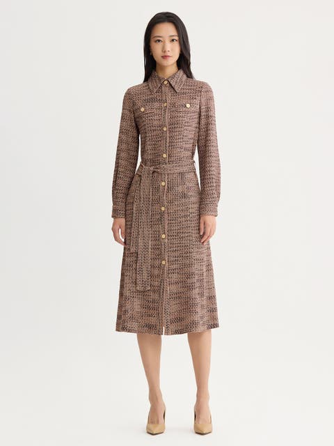 Belted Button Front Tweed Knit Midi Dress
