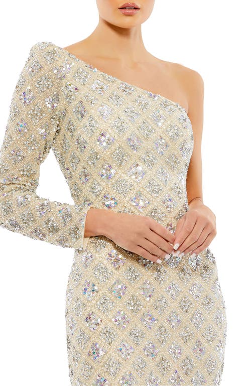 Mac Duggal Asymmetrical Single Long Puff Sleeve Hand Embellished Gown In Shimmering Gold