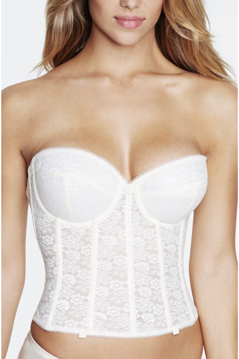 Annabel Strapless Lace Longline Bridal Bra with Detachable Garters, Main, color, Bone