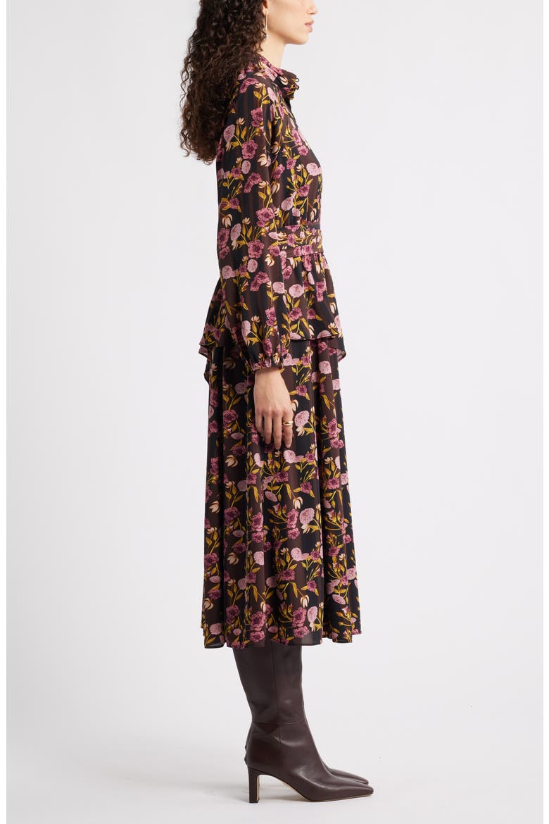 Long Sleeve Ruffle Midi Dress, Alternate, color, BLACK- YELLOW MOLLY BLOOM