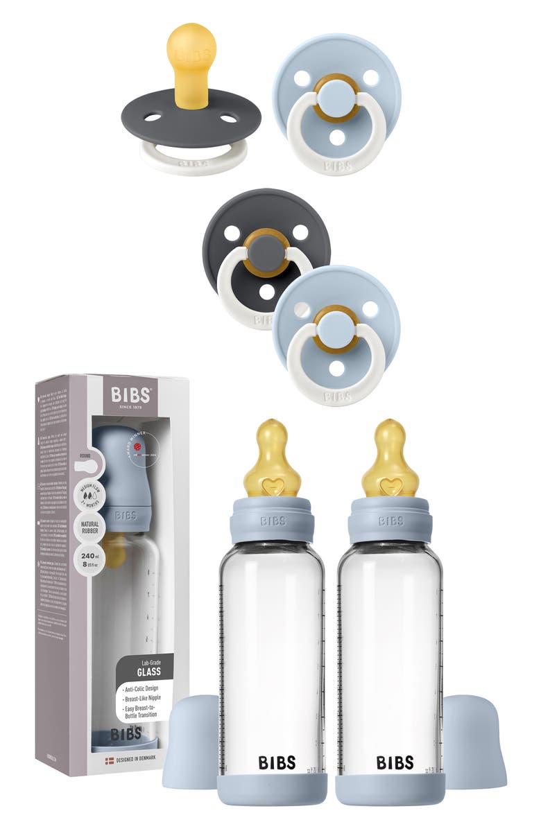 BIBS Bottle & Pacifier Set, Main, color, Iron/ Baby Blue