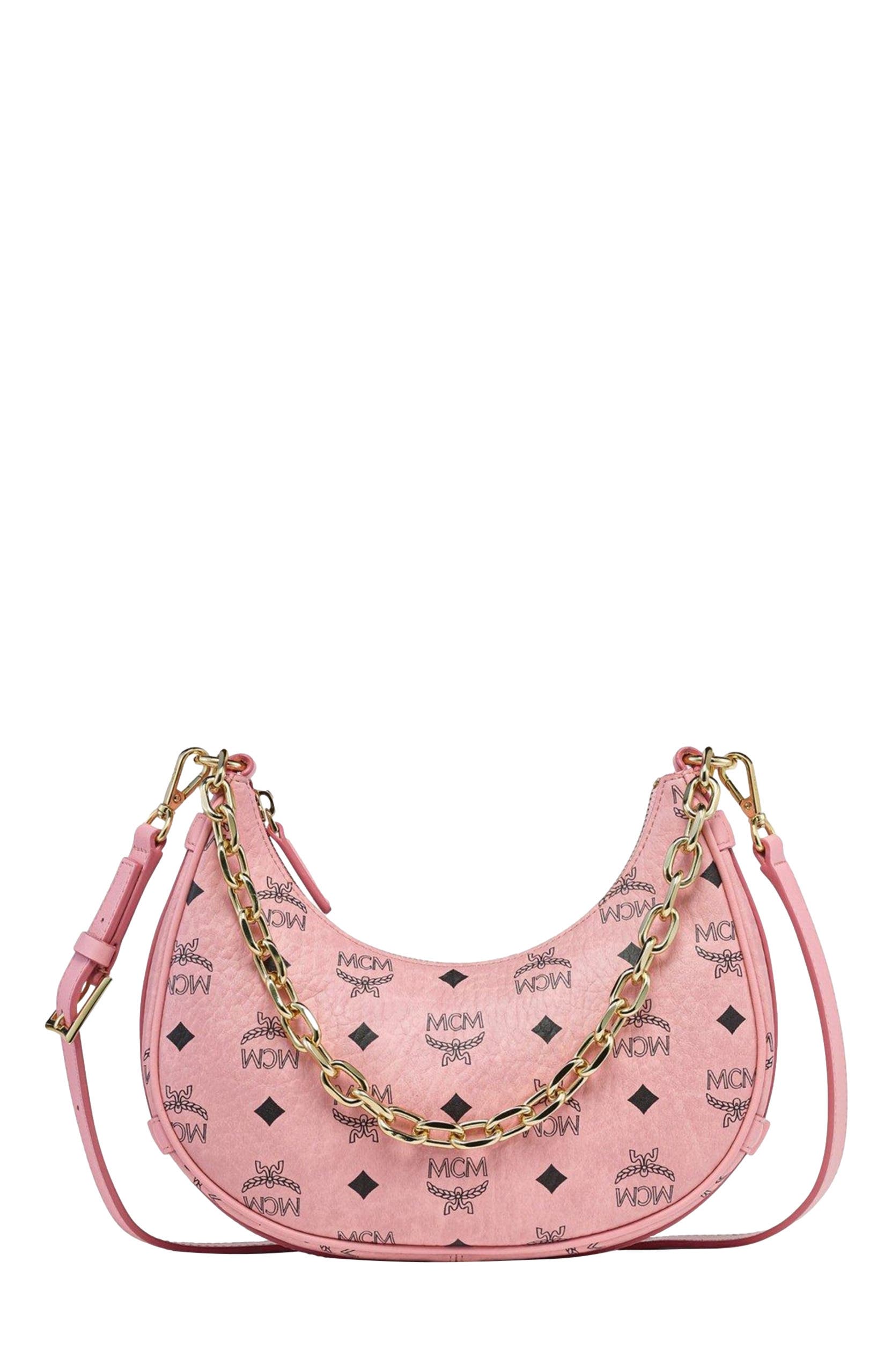 MCM Aren Crescent Hobo Bag in Visetos, Alternate, color, Pink