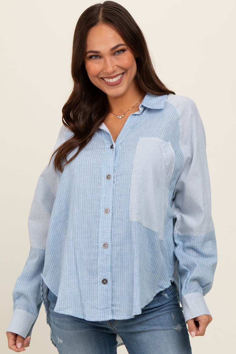 Blue Striped Colorblock Button Up Top, Alternate, color, Light Blue
