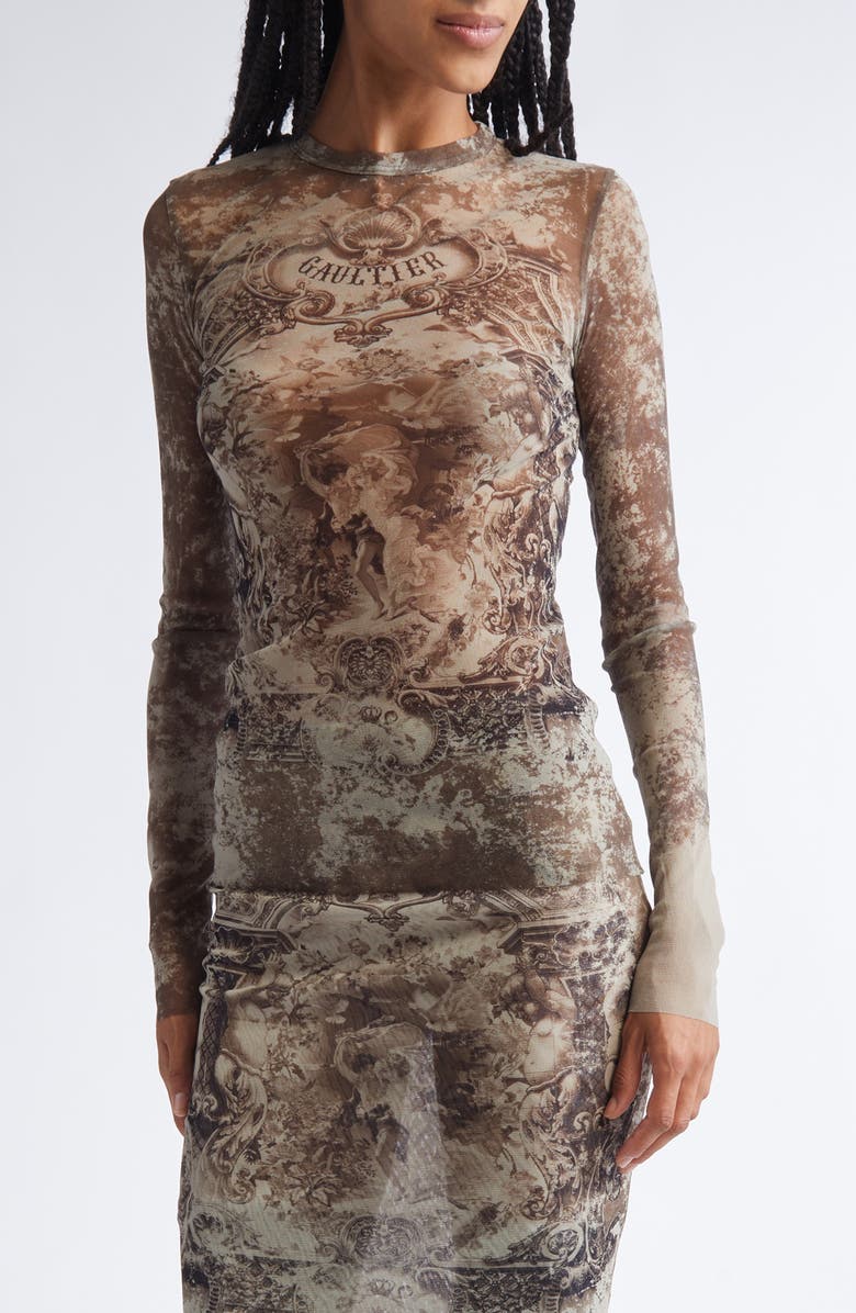Jean Paul Gaultier Medallion Print Long Sleeve Mesh Top, Main, color, Light Beige/ Taupe