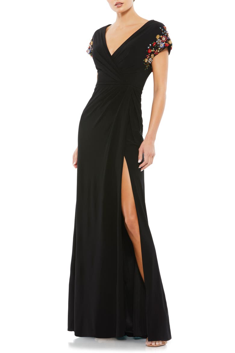 Embellished Cap Sleeve Jersey Wrap Gown, Main, color, BLACK MULTI