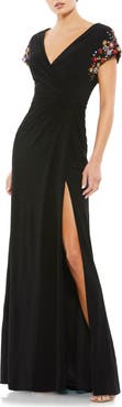Mac Duggal Embellished Cap Sleeve Jersey Wrap Gown