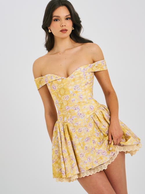 Miss Circle Oana Floral Print Linen Collared Off Shoulder Mini Dress In Brown