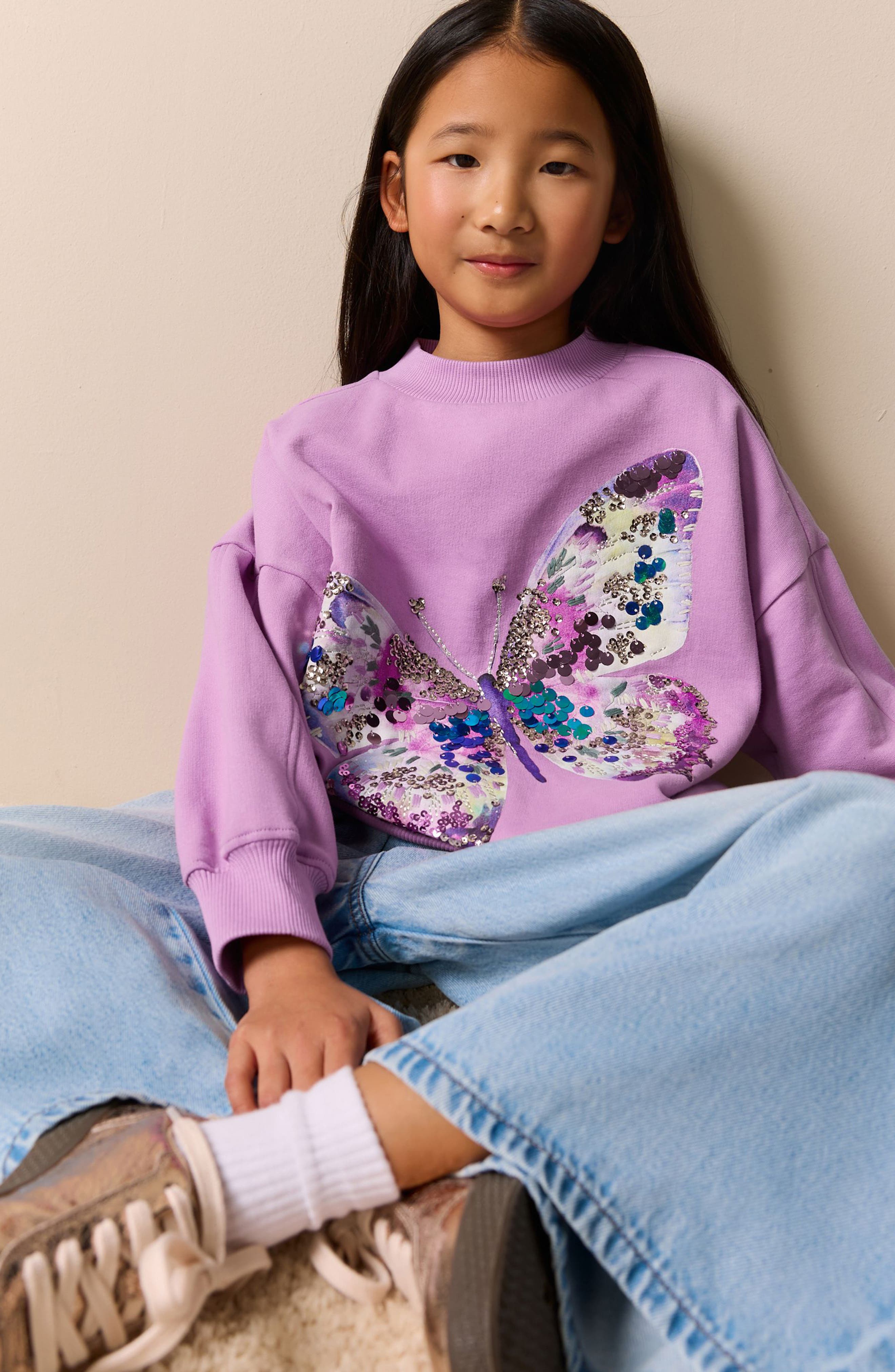 NEXT Kids' Sequin Embellished Butterfly Cotton Blend Sweatshirt — фото 7