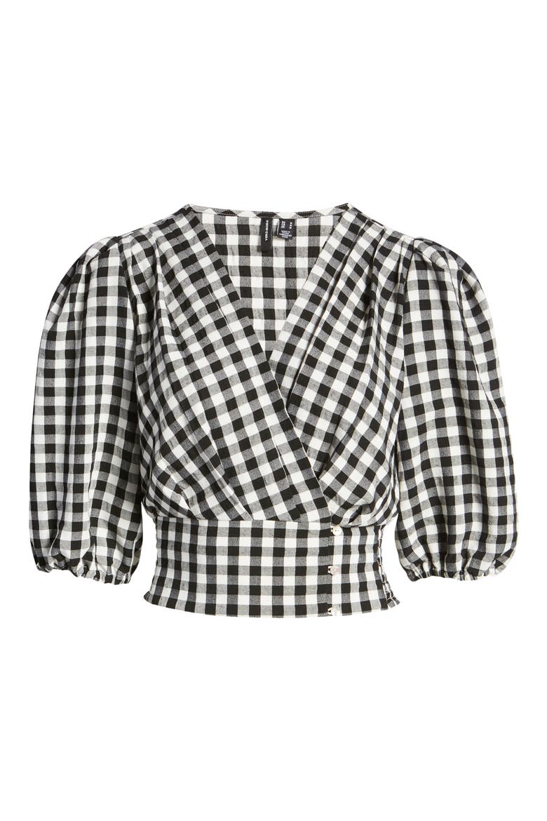 Karma Gingham Crop Wrap Top, Alternate, color, SNOW WHITE W/ BLACK CHECK