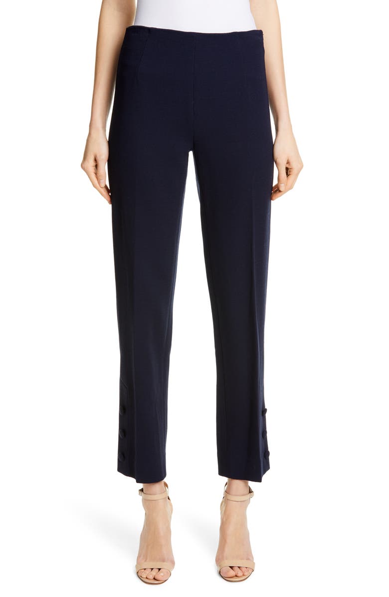 Lela Rose Button Hem Wool Blend Straight Leg Pants, Main, color,