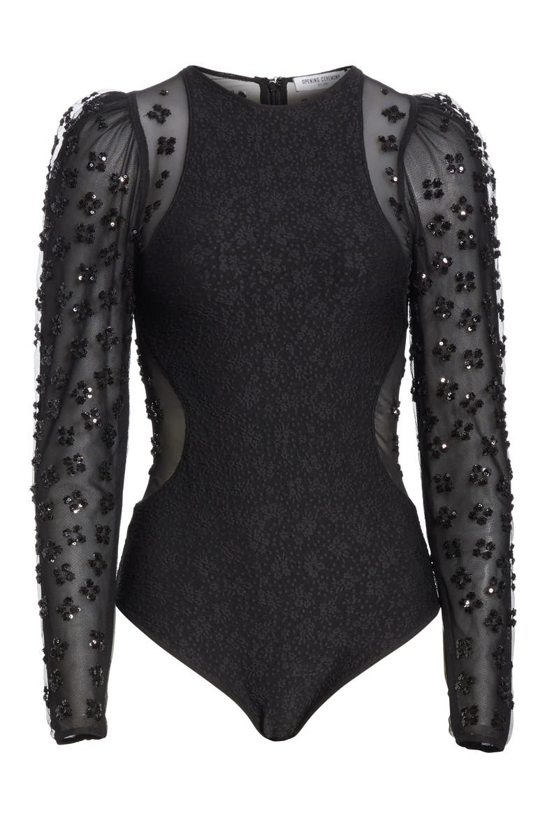 Sequin Jersey Bodysuit, Alternate, color, BLACK