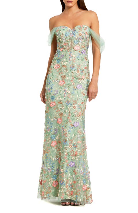 Off The Shoulder Bustier Emboridered Net Gown