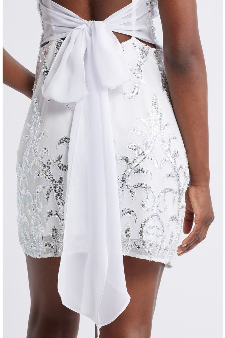Sequin Tapestry Tie Back Cocktail Minidress, Alternate, color, WHITE
