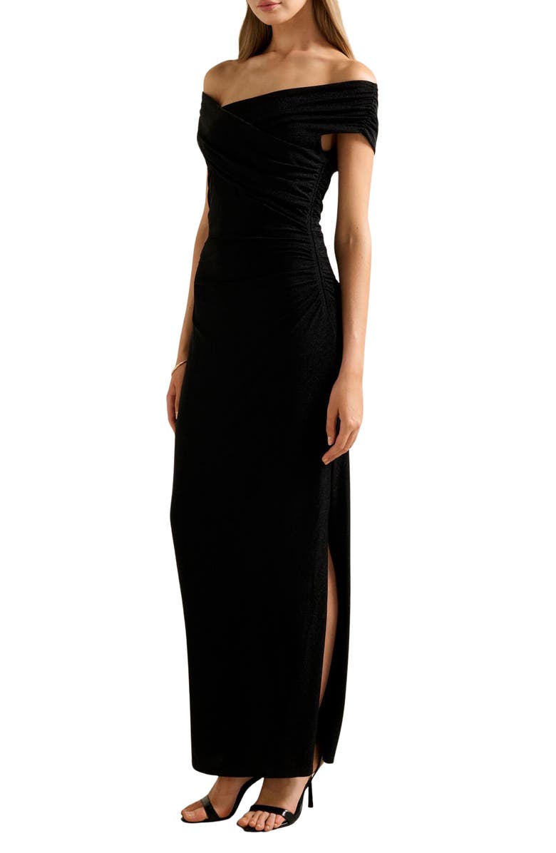Ever New Sandy Glitter Asymmetric Off the Shoulder Evening Dress, Alternate, color, Black