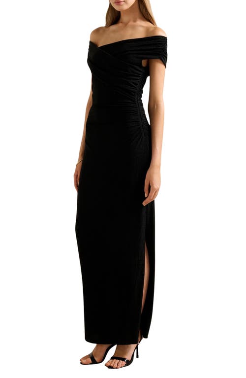 Ever New Sandy Glitter Asymmetric Off The Shoulder Evening Dress In Black