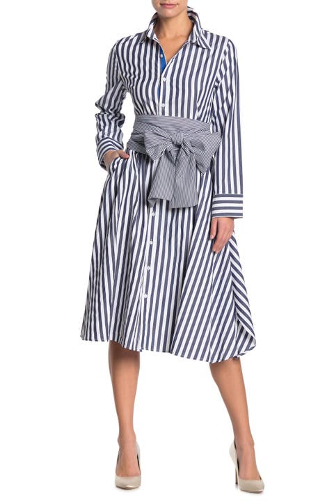Striped Tie Waist A-Line Shirt Dress