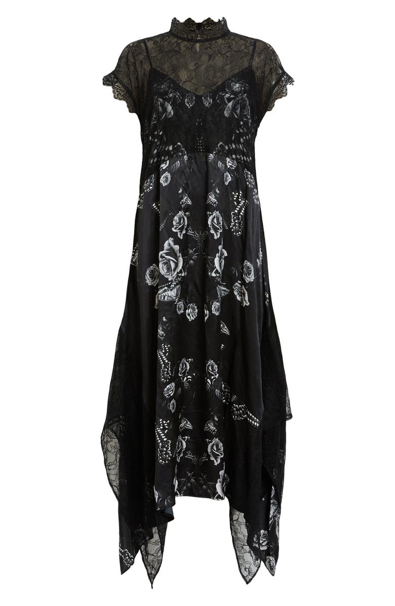 AllSaints Gian Floral & Lace Handkerchief Hem Dress, Alternate, color, Monica Black