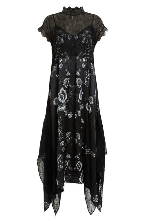 Allsaints Gian Lace Trim Asymmetric Maxi Dress In Monica Black
