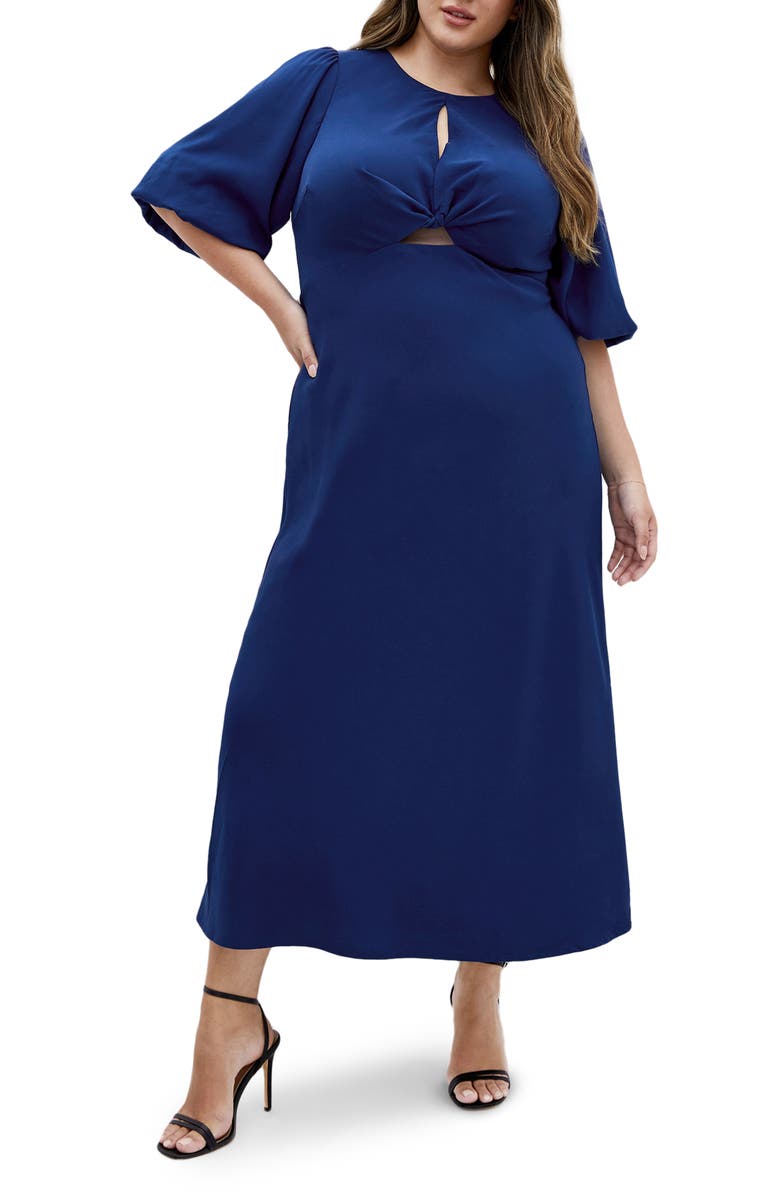 City Chic Ines Twist Front Puff Sleeve Maxi Dress, Main, color, Deep Ocean