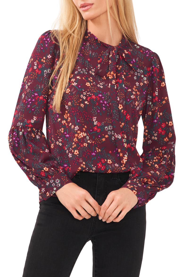 Floral Tie Neck Blouse, Main, color, SPICED WINE