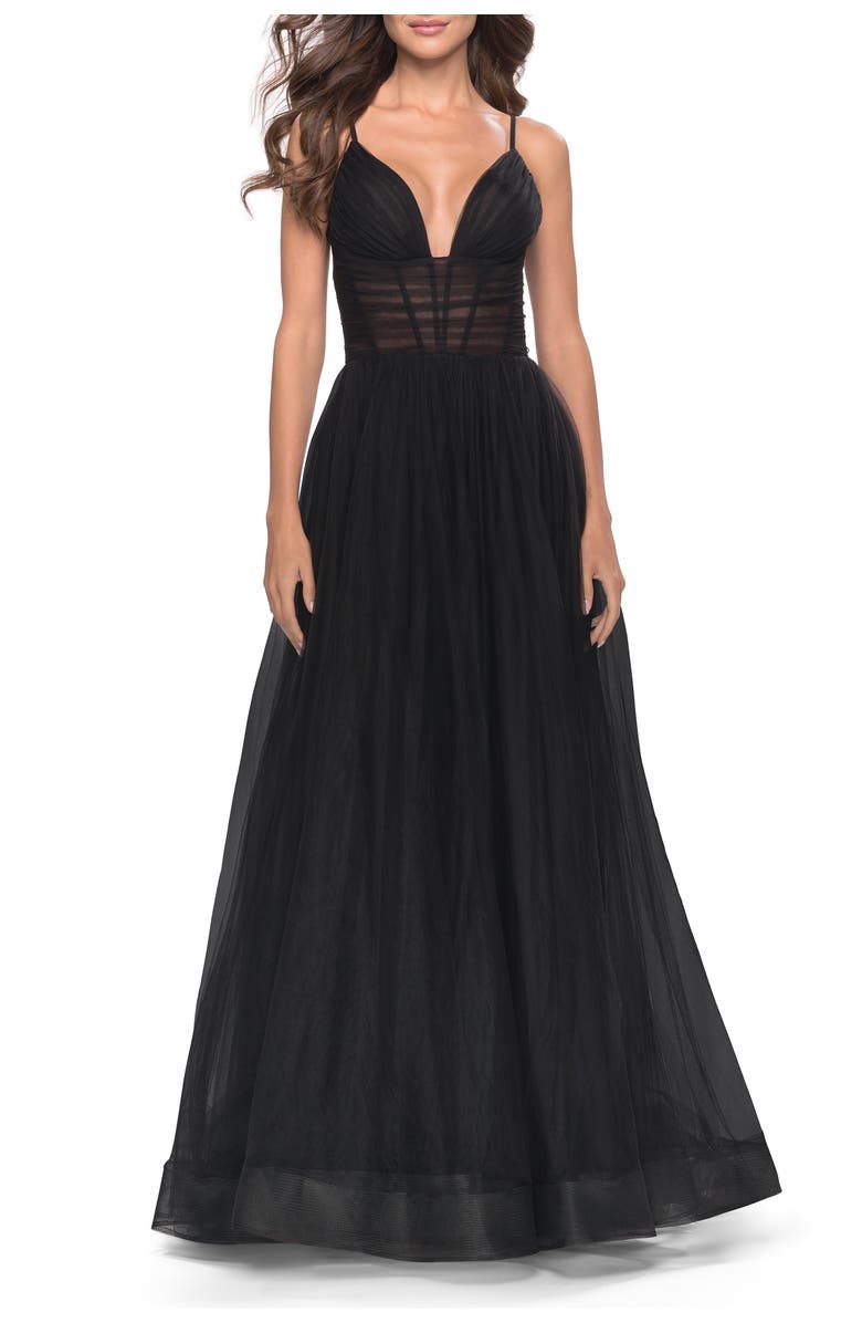 La Femme A-Line Tulle Gown with Illusion Bodice and Boning, Main, color, Black
