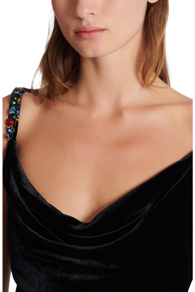 Long velvet dress with embellished straps, Alternate, color, black