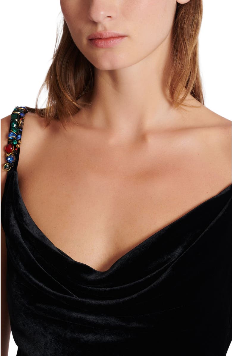 Balmain Long velvet dress with embellished straps, Alternate, color, Black