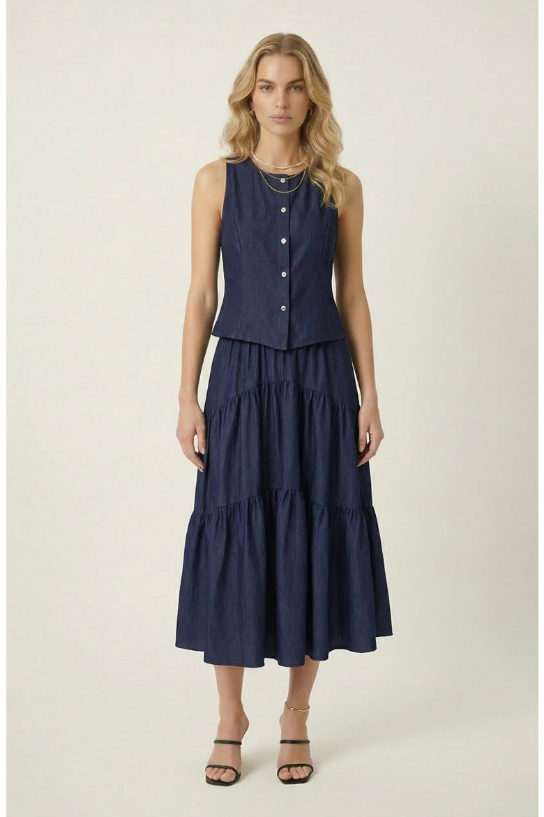 Sleeveless Structured Top and Tiered Midi Skirt Set, Main, color, Navy Blue