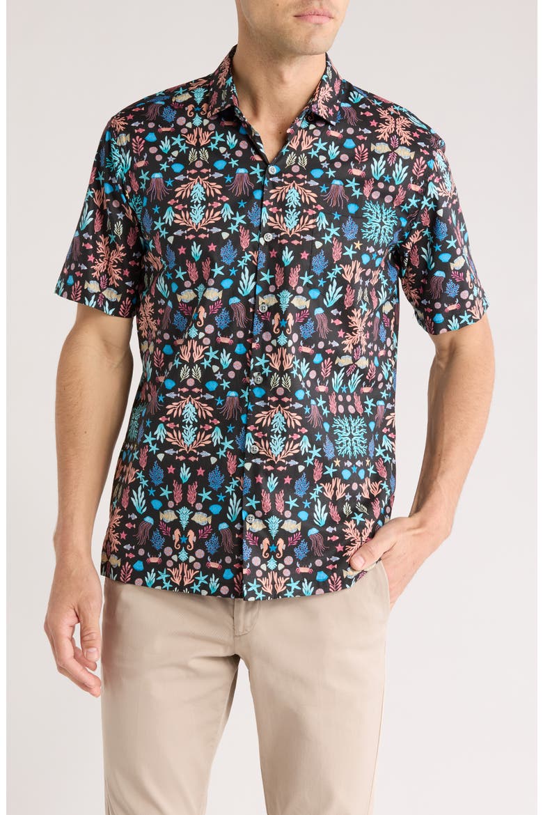 Morris Sea Short Sleeve Cotton Button-Up Shirt, Main, color, BLACK