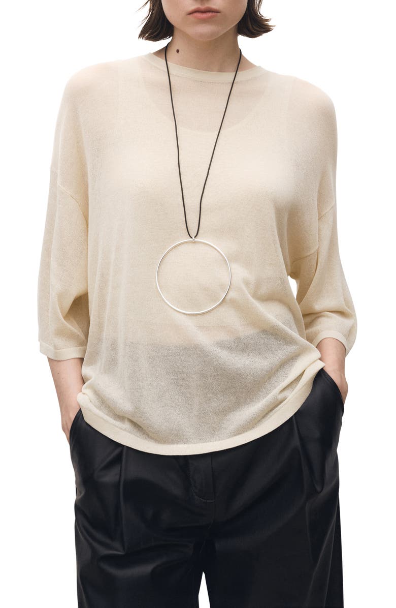 MANGO Semisheer Three-Quarter Sleeve Oversize Sweater, Main, color, Ecru