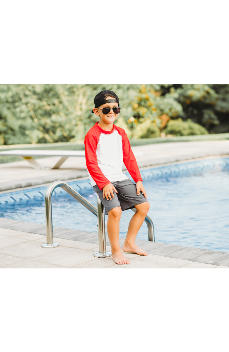 City Threads USA-Made Soft Stretch UPF 50+ Recycled Polyester Below-the-Knee Printed Swim Board Shorts, Alternate, color, Black