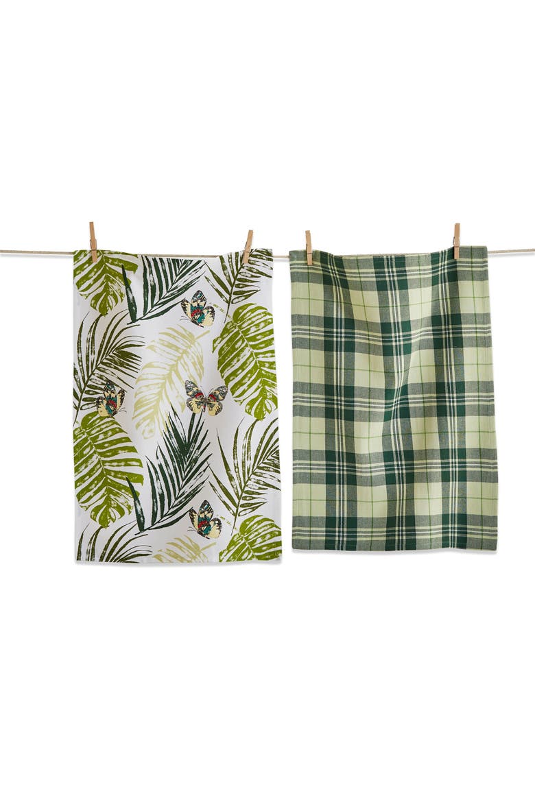 Set of 2 Palm Butterfly Print Green Black Stripe Dishtowels, Main, color, Green