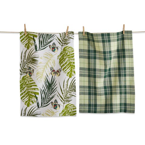 Set of 2 Palm Butterfly Print Green Black Stripe Dishtowels