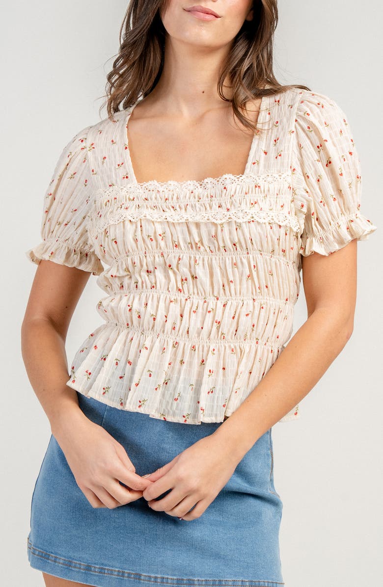 Beivy Sloral Smocked Chiffon Top, Alternate, color, Cream