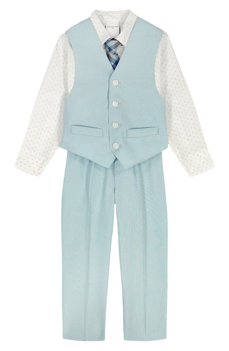 VAN HEUSEN Kids' Poplin Button-Up Shirt, Heather Vest, Pants & Tie Set, Main, color, Lite Blue