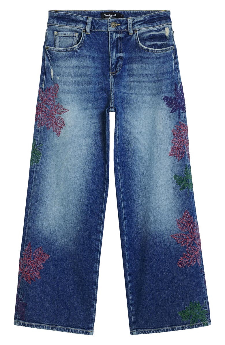 Desigual Leaf Embroidered Crop Wide Leg Jeans, Alternate, color, Medium Blue
