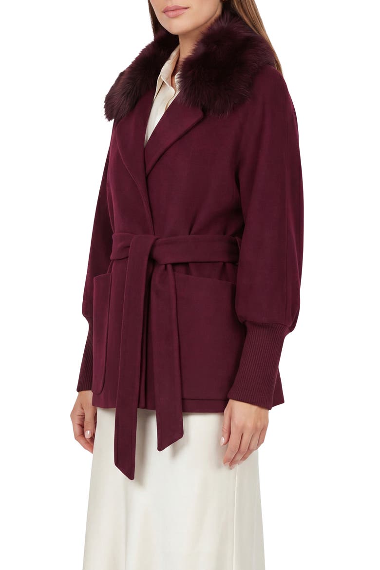 Fabric Jacket with Detachable Genuine Shearling  Collar, Belt, Alternate, color, BURGUNDY