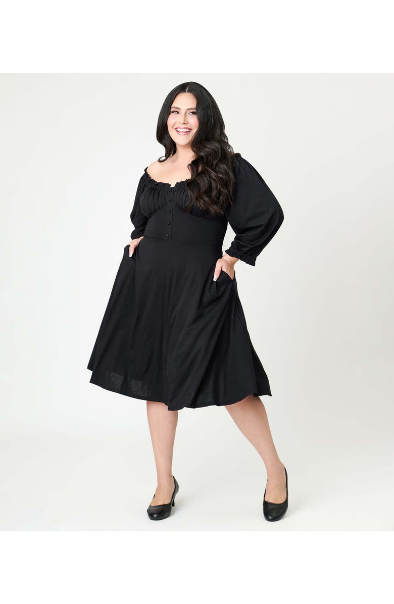Unique Vintage Plus Size Peasant Sleeve Swing Dress, Alternate, color, Black Ruffle