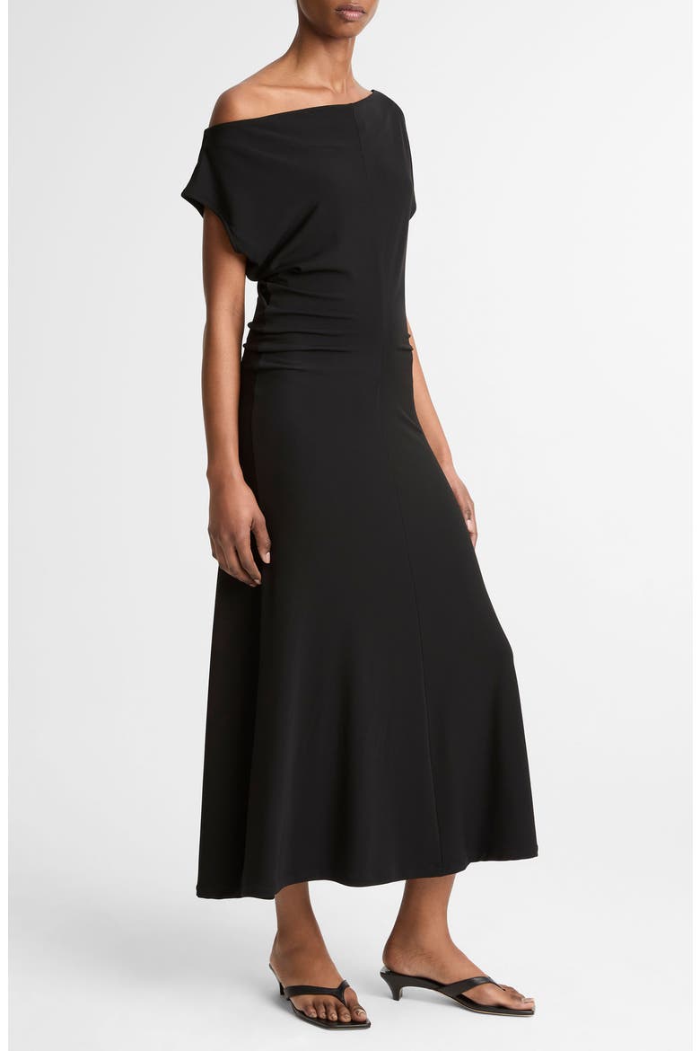 Ruched One-Shoulder Midi Dress, Alternate, color, BLACK